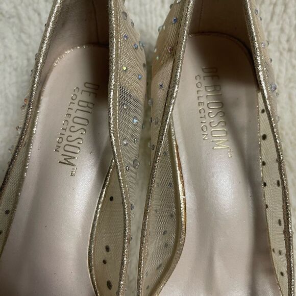 De Blossom Collection Beige net Rhinestone synthetic gold trim &kitten heel SZ10 - Picture 7 of 9